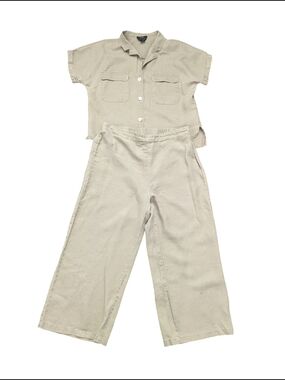 Tahari 100% Linen 2 Piece Set Beige Button Top Wide Leg Pants  Coastal Sz L